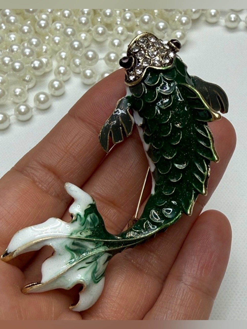 Green Fish Brooch with Rhinestones